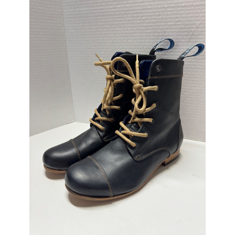 John Fluevog Radio CBC Black Leather Lace Up Cap Toe Boots Blue Lining‎ Mens 7